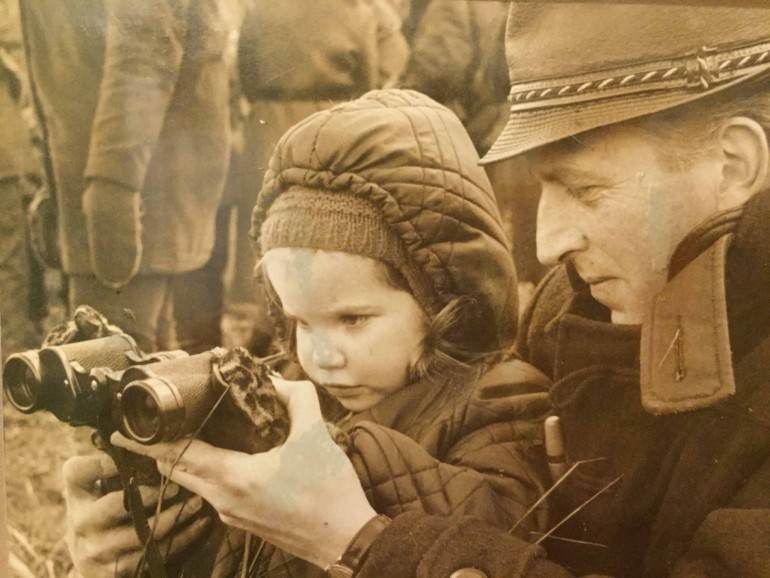 Margaret with her father, her first birding lesson