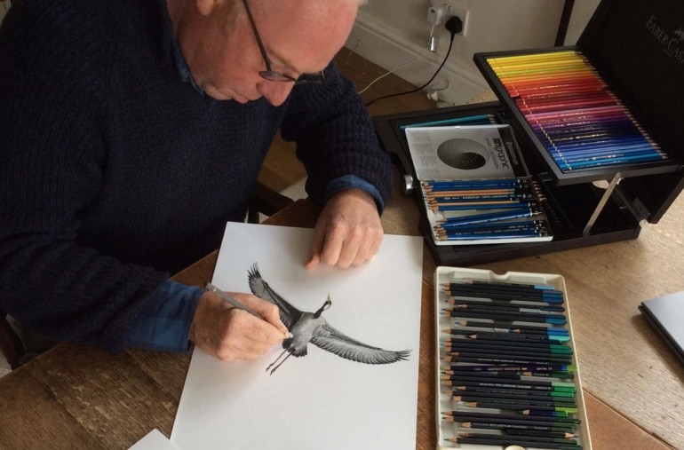Richard drawing a Common Crane April 2020