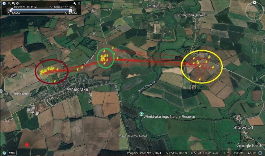 Golden Plover tracking results. Red Star is the tagging site. © Craig Ralston Natural England
